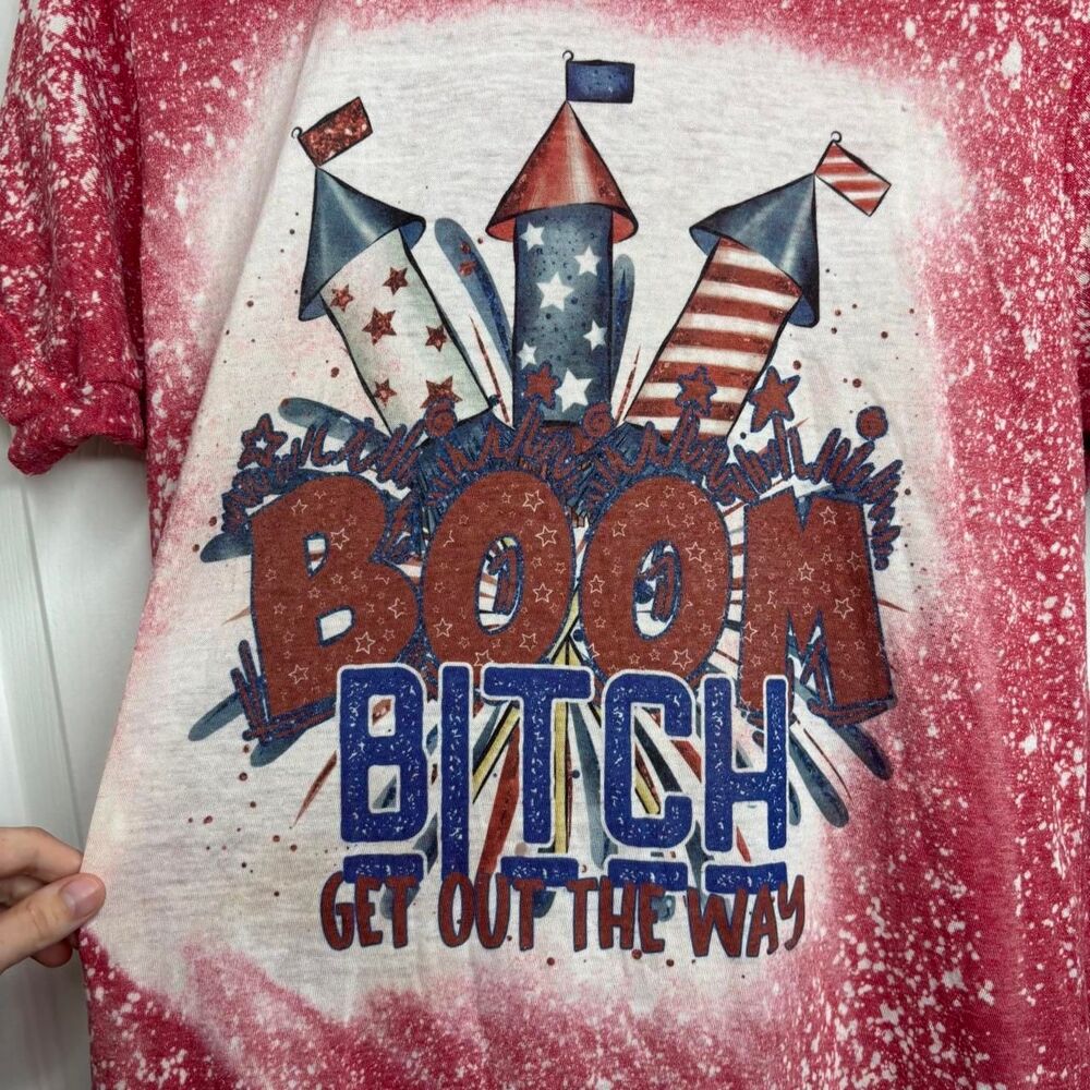 M/L SHEIN "Boom B*tch Get Out The Way" Fireworks Graphic Tee Bleached Red
